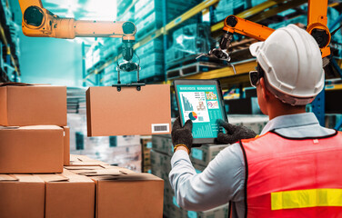 Smart robot arm systems for innovative warehouse and factory digital technology . Automation manufacturing robot controlled by industry engineering using IOT software connected to internet network .