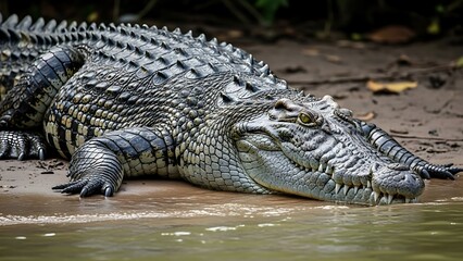 Fototapeta premium Close-up view of a powerful saltwater crocodile basking on a sandy riverbank, showcasing its scaly skin and intimidating jaw structure