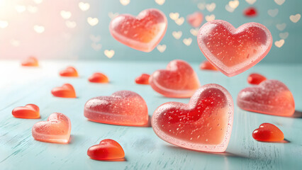 Fototapeta premium Translucent Jelly Hearts 3D. Playful 3D jelly heart shapes with soft translucent glow, ideal for Valentine digital ads, romantic promotions, and cheerful branding visuals.