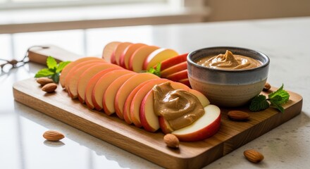 Sliced fresh fruit arranged attractively on a wooden serving board with a creamy dip and whole nuts