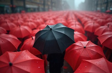 Lone black umbrella stands out in crowd of identical red umbrellas on rainy city street. One person visible under dark protection, separated from mass. Striking contrast highlights individuality,