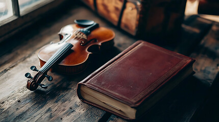 A violin is sitting on a table next to a book