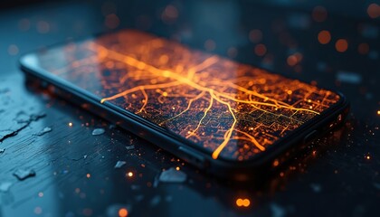 Broken smartphone screen displays glowing digital city map with illuminated streets and buildings. Technology concept, abstract urban network. Futuristic connection, data flow.