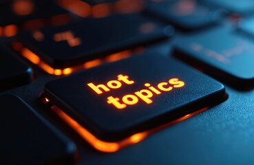 Illuminated keyboard key shows hot topics in orange. Suggests current events trending subjects important info. Idea for news blogs social media.