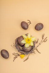 Easter eggs, wooden bunnies and bird's nest with chicken and narcissus flower. Festive concept