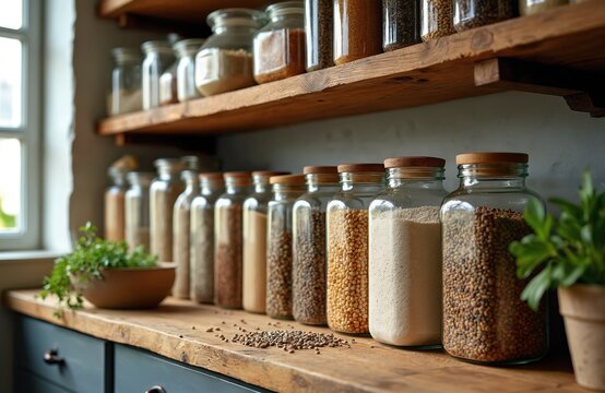 Glass jars filled with grains spices and flour line kitchen shelves. Assorted containers offer pantry organization and food storage. Variety of dry goods displayed neatly. - Powered by Adobe