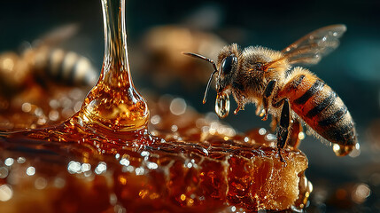 Close-up of a bee collecting honey from a honeycomb with honey dripping.