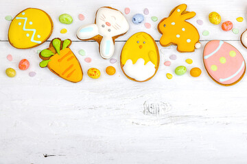 Traditional Happy Easter cookies, festive edible decor. Homemade baking concept, cute sweets