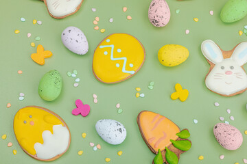 Traditional Happy Easter cookies, festive edible decor. Homemade baking concept, cute sweets