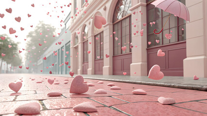 Falling Mini 3D Hearts. Mini 3D hearts raining softly over a pastel floor, romantic and cute advertising style for Valentine campaigns and sweet love-themed designs.