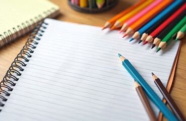Notebook with blank lined pages open on a desk next to colorful pencils and another notepad. Supplies for drawing, writing, and studying laid out. Back to school or art class preparation.