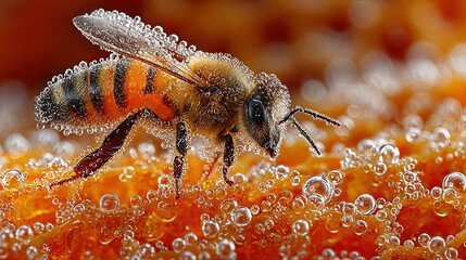 Close-up of a bee covered in tiny bubbles on an orange surface.