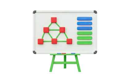 3D Whiteboard with Network Diagram and Bar Chart