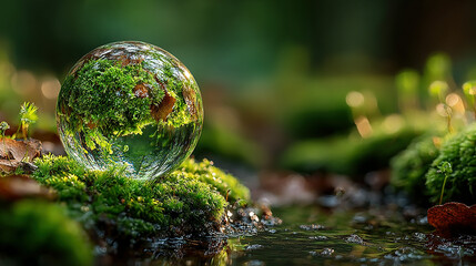 Reflective glass sphere on mossy ground near a small water stream in nature.