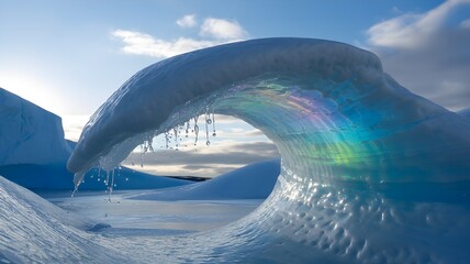 Fototapeta premium Frozen ice wave with rainbow colors in snowy landscape