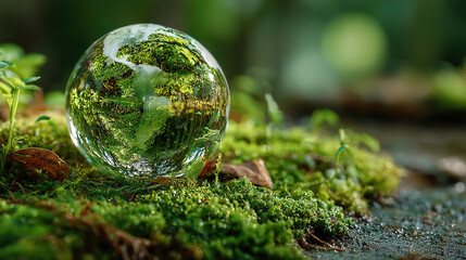 Reflective glass sphere on moss-covered ground in a lush green environment.