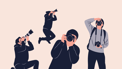 Group of photographers taking pictures in various poses.