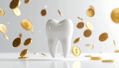 Shiny White Tooth with Gold Coins Floating in White Background Bright Light