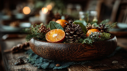 Decorative holiday centerpiece with pinecones, oranges, and greenery in a wooden bowl.