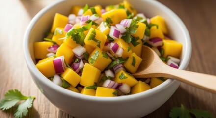 Freshly prepared tropical fruit salsa rests in a white ceramic bowl with a wooden spoon.