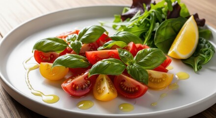 Freshly prepared salad featuring halved heirloom tomatoes, basil leaves, and a lemon wedge is delicately drizzled with oil.