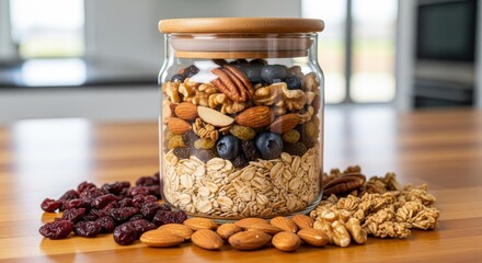 Glass container filled with layers of dry breakfast ingredients sits on a wooden surface