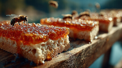 Honeycomb on bread with a bee collecting honey in natural sunlight.