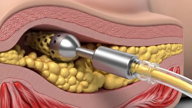 Medical illustration of liposuction procedure removing fat cells from human body.