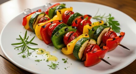 Colorful grilled vegetable skewers rest attractively on a white serving plate with herb garnish