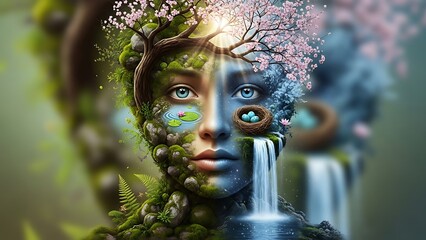 Woman with Nature Elements and Waterfall.