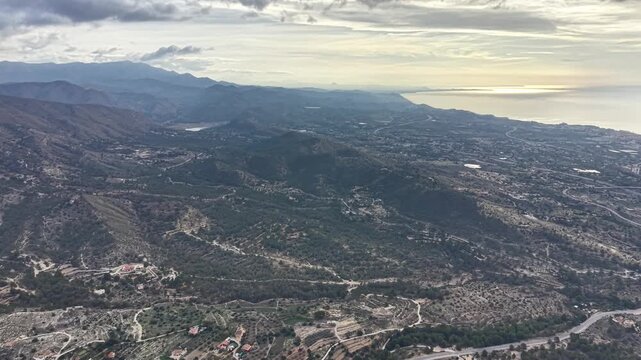 Aerial Valley Coastline Roads Settlements, Wide Panoramic View Of Rolling Hills, Winding Roads And Scattered