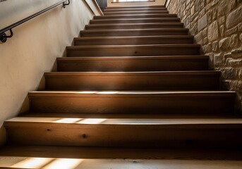 Ascending wooden staircase with sunbeams, architectural interior feature