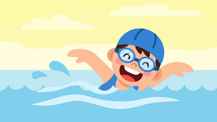 Happy child swimming in the water with goggles and cap.