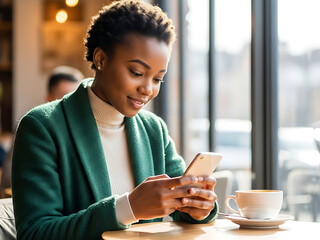 African american woman using smartphone in cafe
