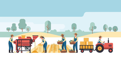 Farmers harvesting and transporting crops in a field.