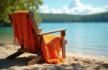 Wooden chair with orange blanket sits on sandy shore next to bright blue water. Lush green trees line the distant lake or ocean. Calm sunny day invites relaxation and peace.