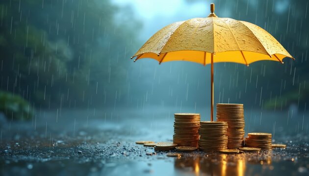 Gold coin stacks rest on wet ground beneath yellow umbrella. Rain falls heavily, creating puddles on dark surface. Money protection concept under stormy weather, financial security.