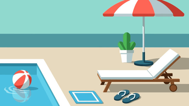 Relaxing summer scene by the pool with lounge chair and umbrella.