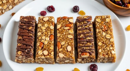 Five rectangular cereal and nut energy bars arranged in a row on a white serving plate