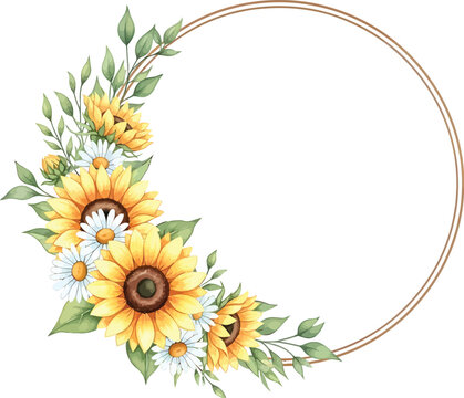 Watercolor illustration of a beautiful sunflower and daisy floral frame with green leaves surrounding a simple circular border on a white background. - Powered by Adobe