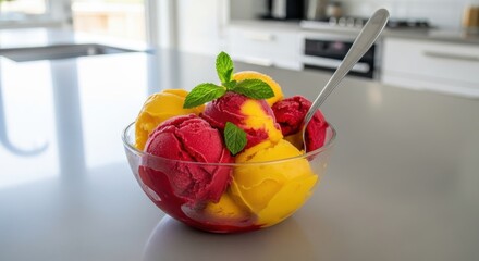Refreshing scoops of colorful frozen dessert garnished with fresh herbs sit in a glass bowl on a modern kitchen counter.
