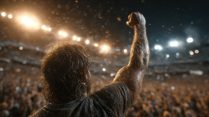 Person raising a fist in a large, illuminated stadium during a nighttime event.