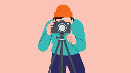 Illustration of a photographer taking a picture with a camera on a tripod.