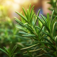 Obraz premium rosemary leaves filling the frame, natural green herb background, soft sunlight, botanical texture