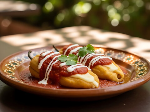 Delicious and colorful chiles rellenos on a decorative plate.