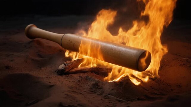 Wooden baseball bat burning in a fire at night