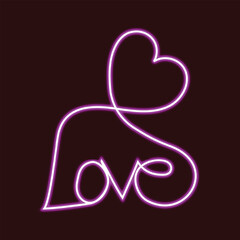 Glowing pink neon sign illustrating the word love intertwined with a delicate heart