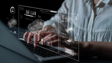 Technical layout of electric vehicle showing battery system, power control, traction motor, charging interface, and integration with renewable and smart energy sources Latch