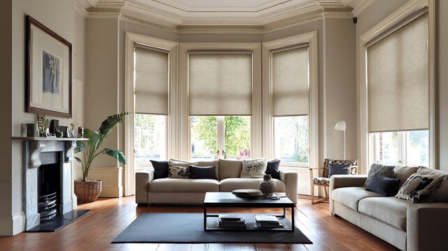 Living Room with an Elegant Bay Window and Beige Roller Shades / エレガントな出窓とベージュのロールスクリーンがあるリビング