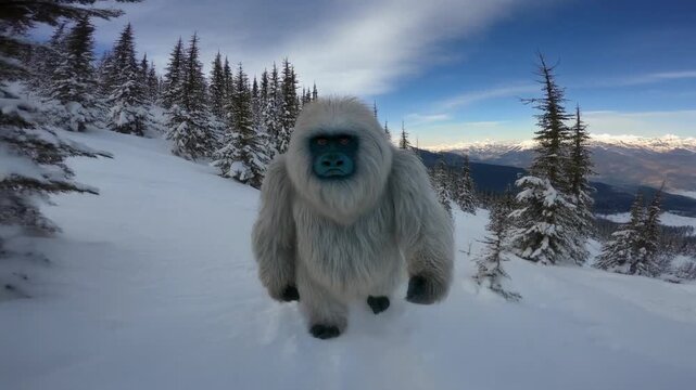 Abominable snowman walking in a snowy mountain landscape
